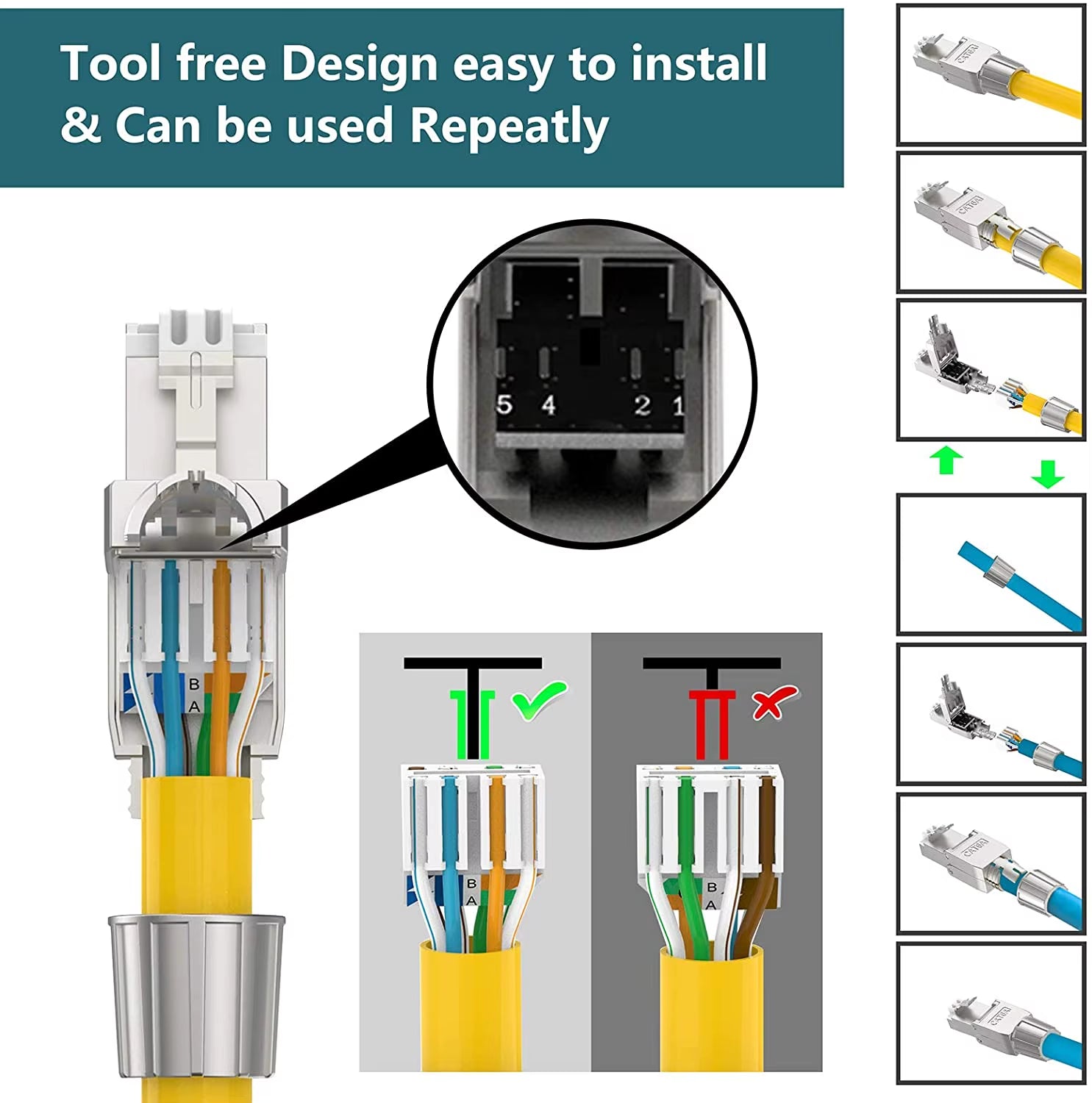 RJ45 Cat8 Cat7 Cat6A Connectors Tool-Free Reusable Ethernet Termination Plugs, Internet Plug, Fast Field Installation