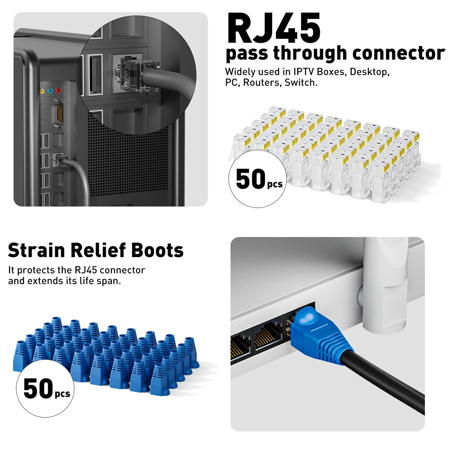 8 in 1 RJ45 Crimp Tool Kit,Crimper Tool,Cable Tester,Wire Cutter,Blades,50Pcs Cat 6 Connectors and Strain Relief Boots