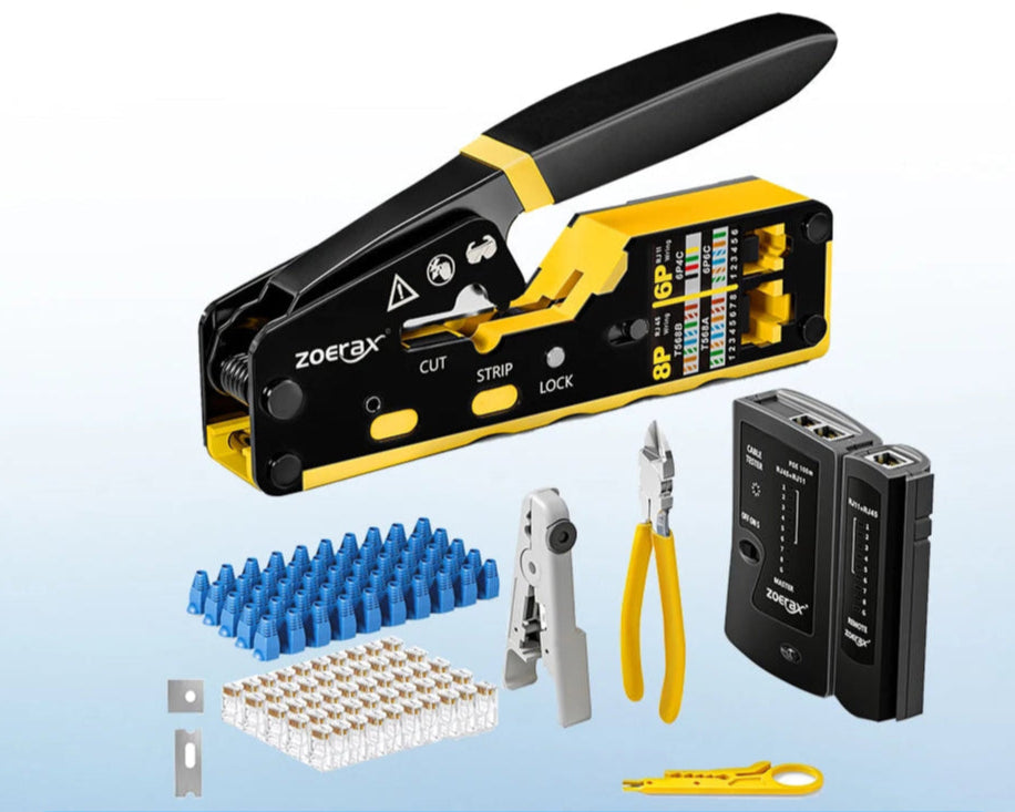 8 in 1 RJ45 Crimp Tool Kit,Crimper Tool,Cable Tester,Wire Cutter,Blades,50Pcs Cat 6 Connectors and Strain Relief Boots