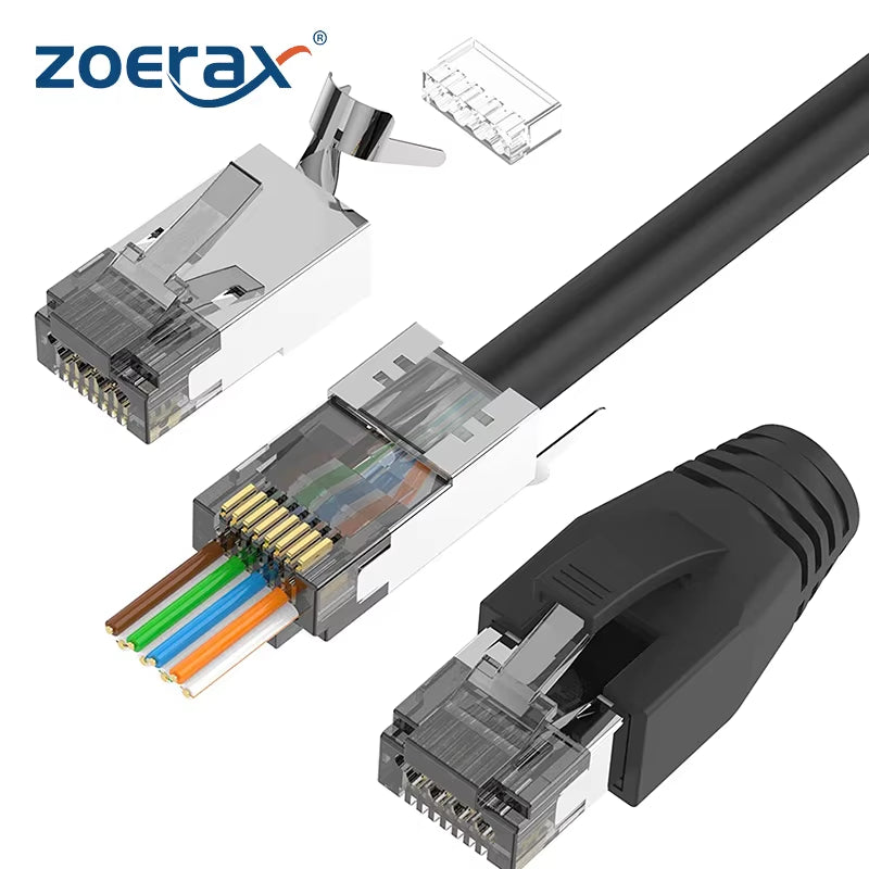 10PCS CAT6A CAT7 Connector,Rj45 Connectors Pass through CAT7 Shielded, Ul-Listed 3-Prong with 10PCS Strain Relief Boots