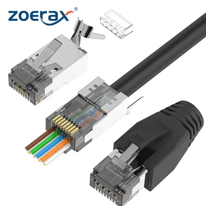 10PCS CAT6A CAT7 Connector,Rj45 Connectors Pass through CAT7 Shielded, Ul-Listed 3-Prong with 10PCS Strain Relief Boots