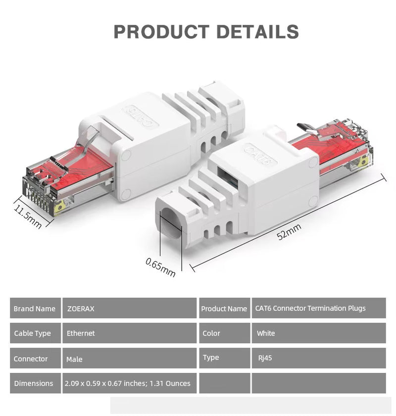 1PCS Tool Free RJ45 CAT6 Connector Ethernet Termination Plugs, 23AWG to 26AWG Cable Internet Plug Installation Toolless